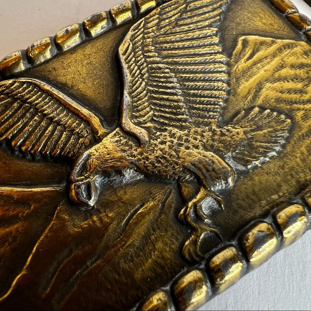 Vintage Belt Buckle Brass Bald Golden Eagle Raptor Changeable Freedom Mountains